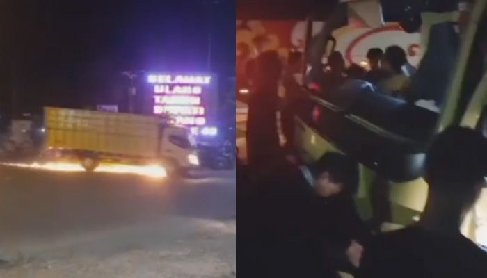 Truk Seret Motor Hingga Mengeluarkan Api, Diduga Sopir Truk Akan Melarikan Diri